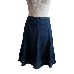 New York & Company Denim Cotton Flare Embroidered Skirt 10
